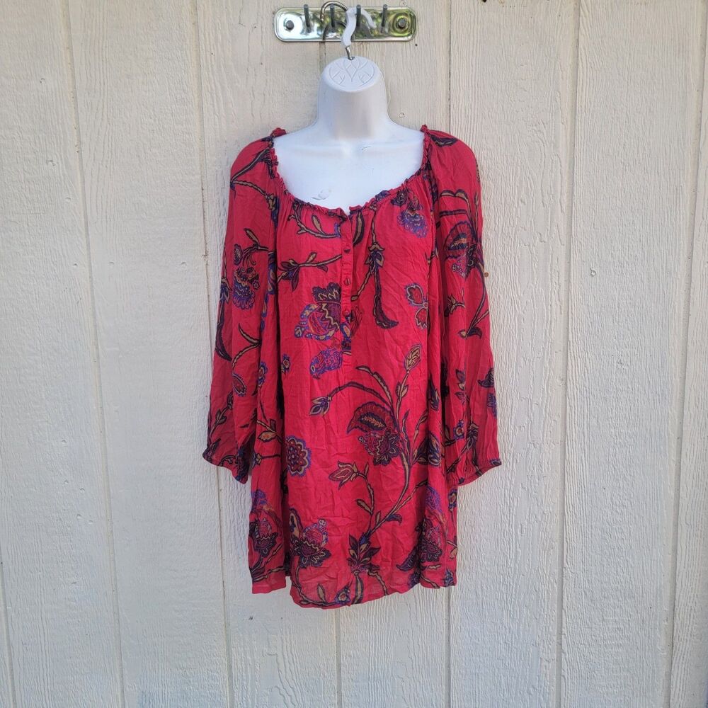 Lucky Brand Womens Bohemian Floral Tunic Top Size 2X Red Scoop Neck Long Sleeve